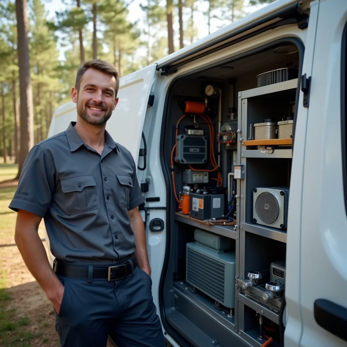 Licensed HVAC technician in front of equipped service vehicle at a Cumming GA home