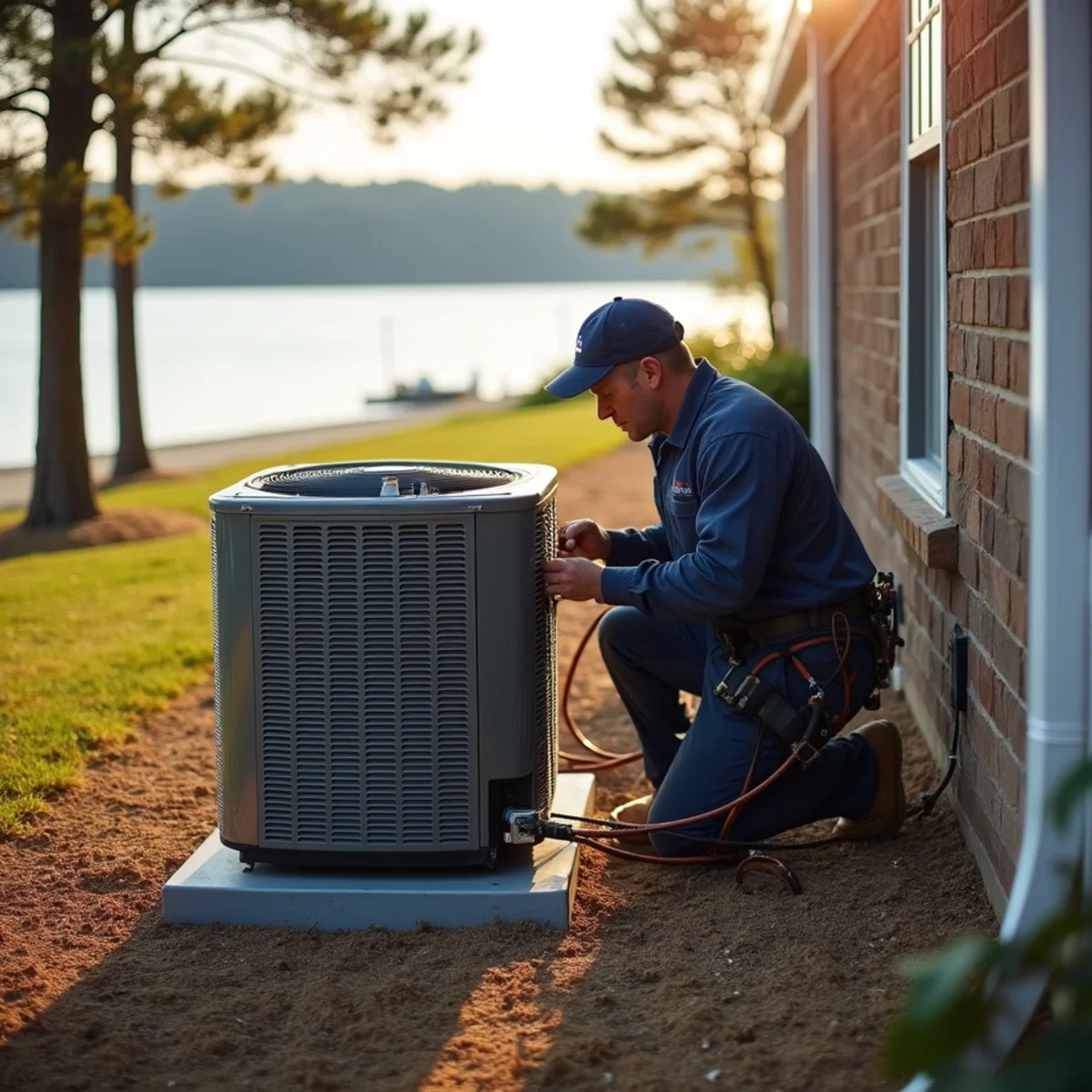 High-efficiency heat pump installation overlooking Lake Lanier in Forsyth County