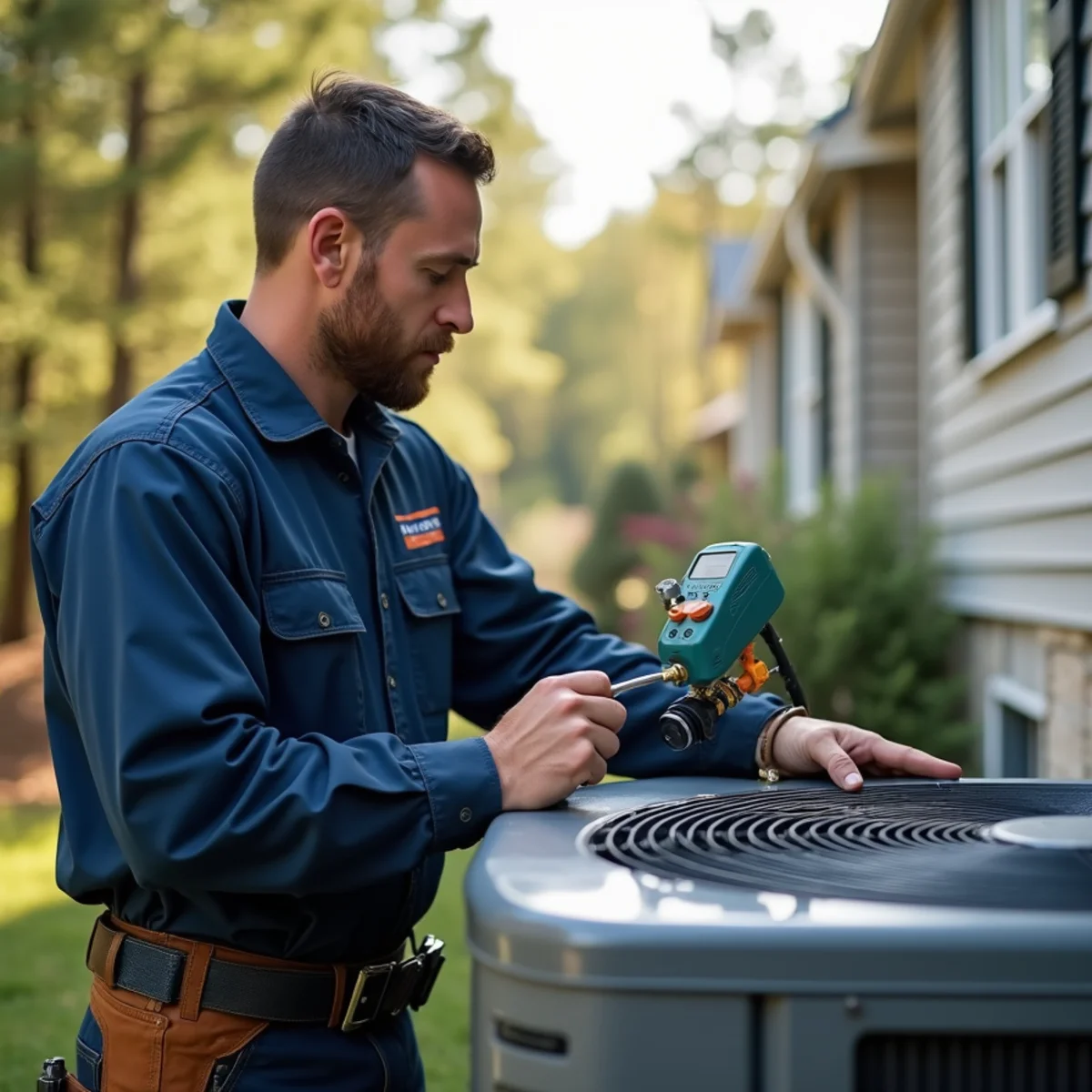 Certified technician completing Refrigerant Leak Repair service protocol in Forsyth County